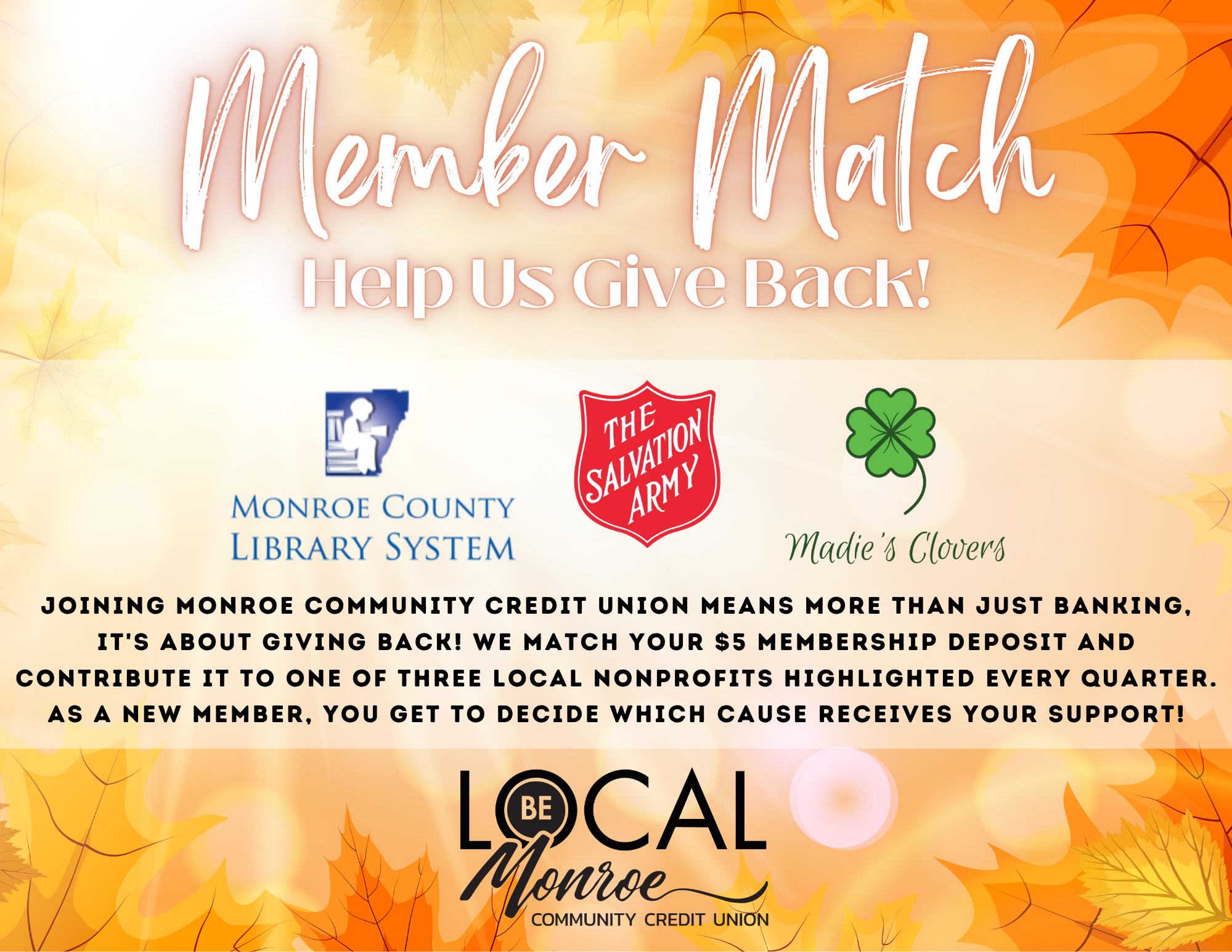 Q4 Member Match organizations are Monroe County Library System, The Salvation Army, and Madie's Clovers